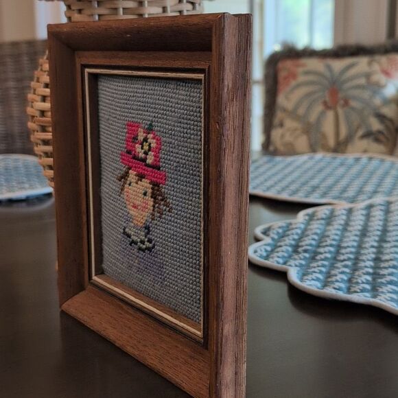 Vintage Framed Needlepoint Art Picture Girl with Pink Hat - Picture 7 of 8